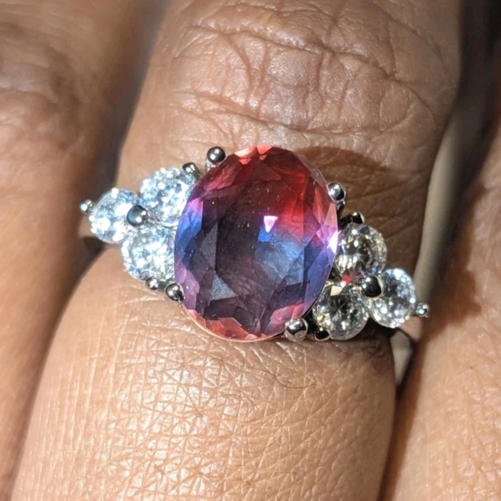 925 Dazzling 8 Ct Brilliant Cut Red /blue Oval Gem Stone Engagement Ring Sz 6